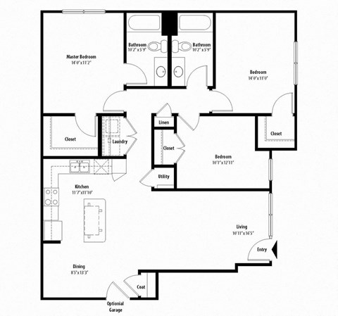 Floor plan for 3 beds, 2 baths, 1334 sqft
